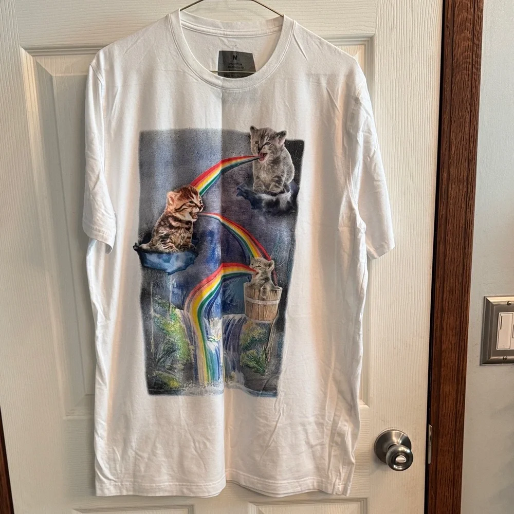 Playful Cats White T-Shirt with Rainbow Design‎